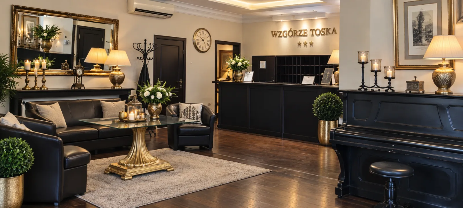 Hol z recepcją i pianinem w Senior Prestige Apartamenty