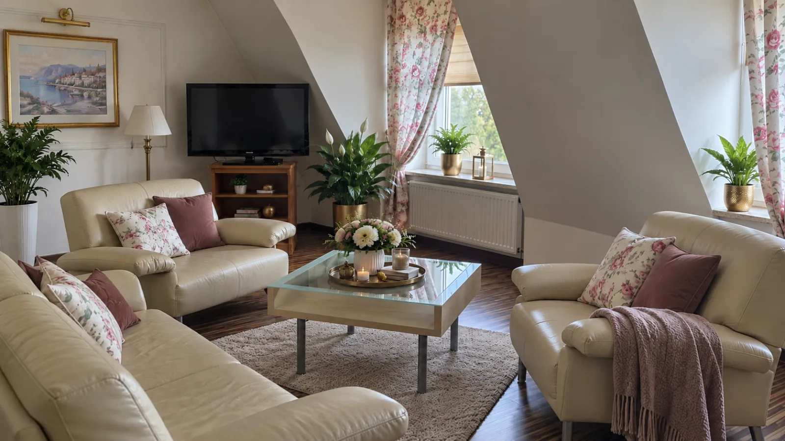 Salon wypoczynkowy w apartamencie z jasną sofą i fotelami